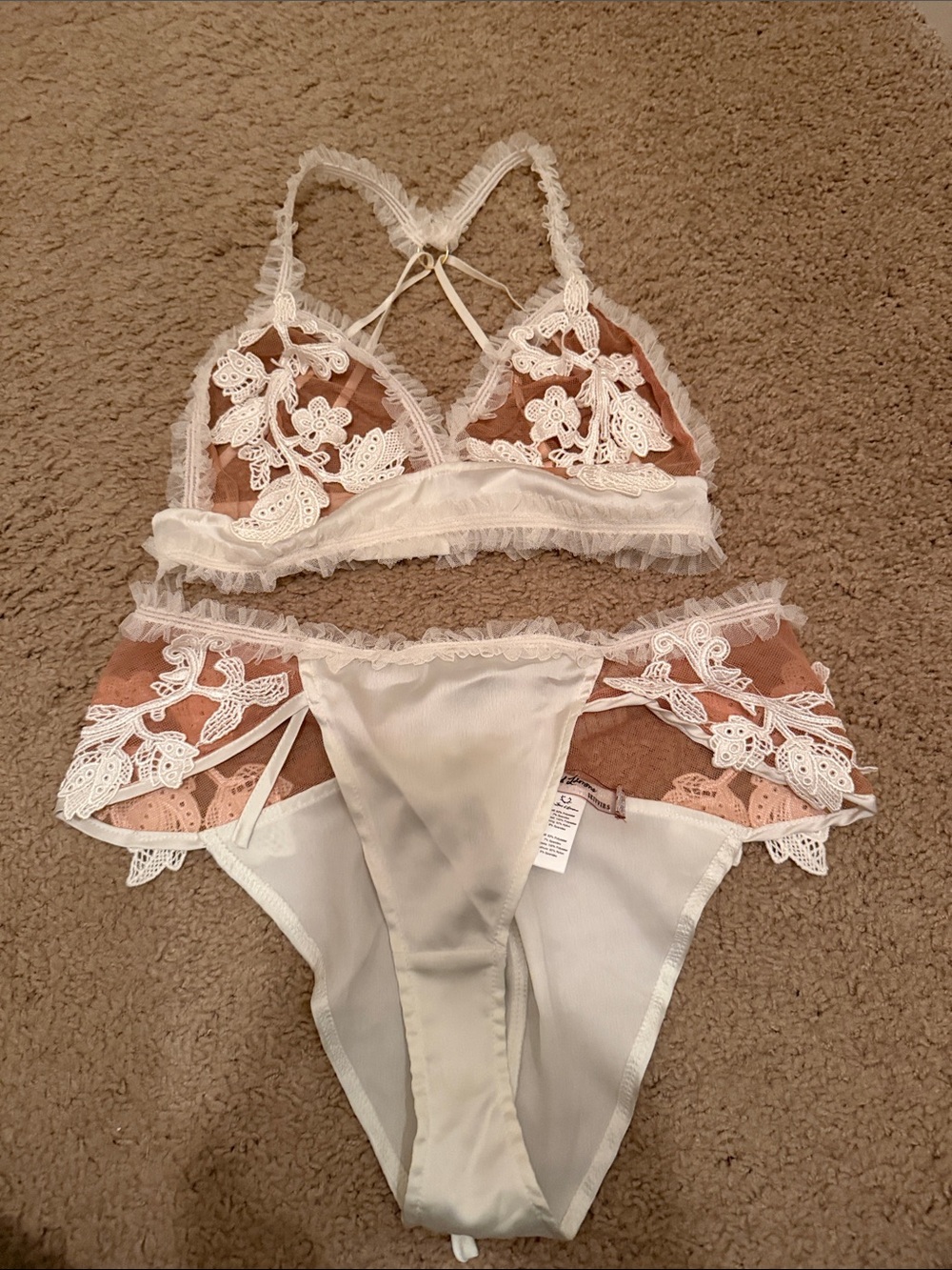 For Love & Lemons Delicate Lace Bralette & Bikini Set in Cream and Blush- 2 pcs